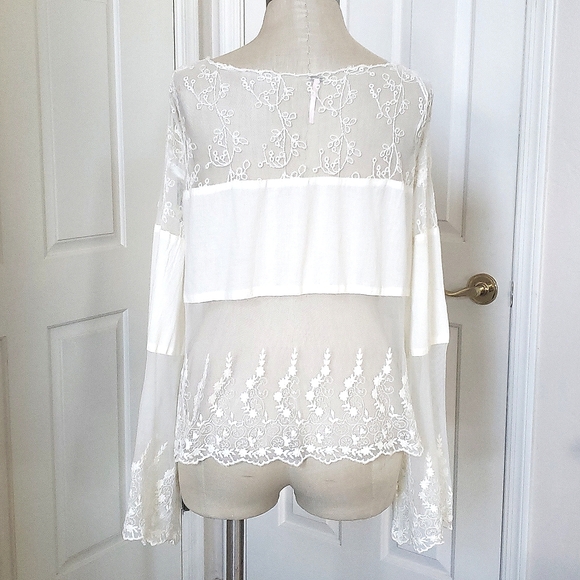 FREE PEOPLE Sheer Embroidered Top Bell Sleeves Cream - Picture 5 of 15